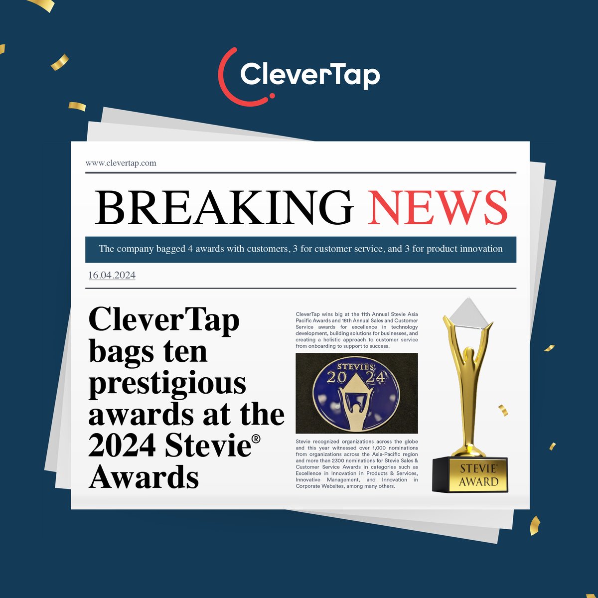 CleverTap is making headlines! ✨ 🏆We are thrilled to announce that CleverTap has secured ten prestigious awards at the 2024 Global Stevie® Sales & Customer Service Awards and Stevie® Asia Pacific Awards. Read all about it: bit.ly/3Jm6VQe #CleverTap @TheStevieAwards