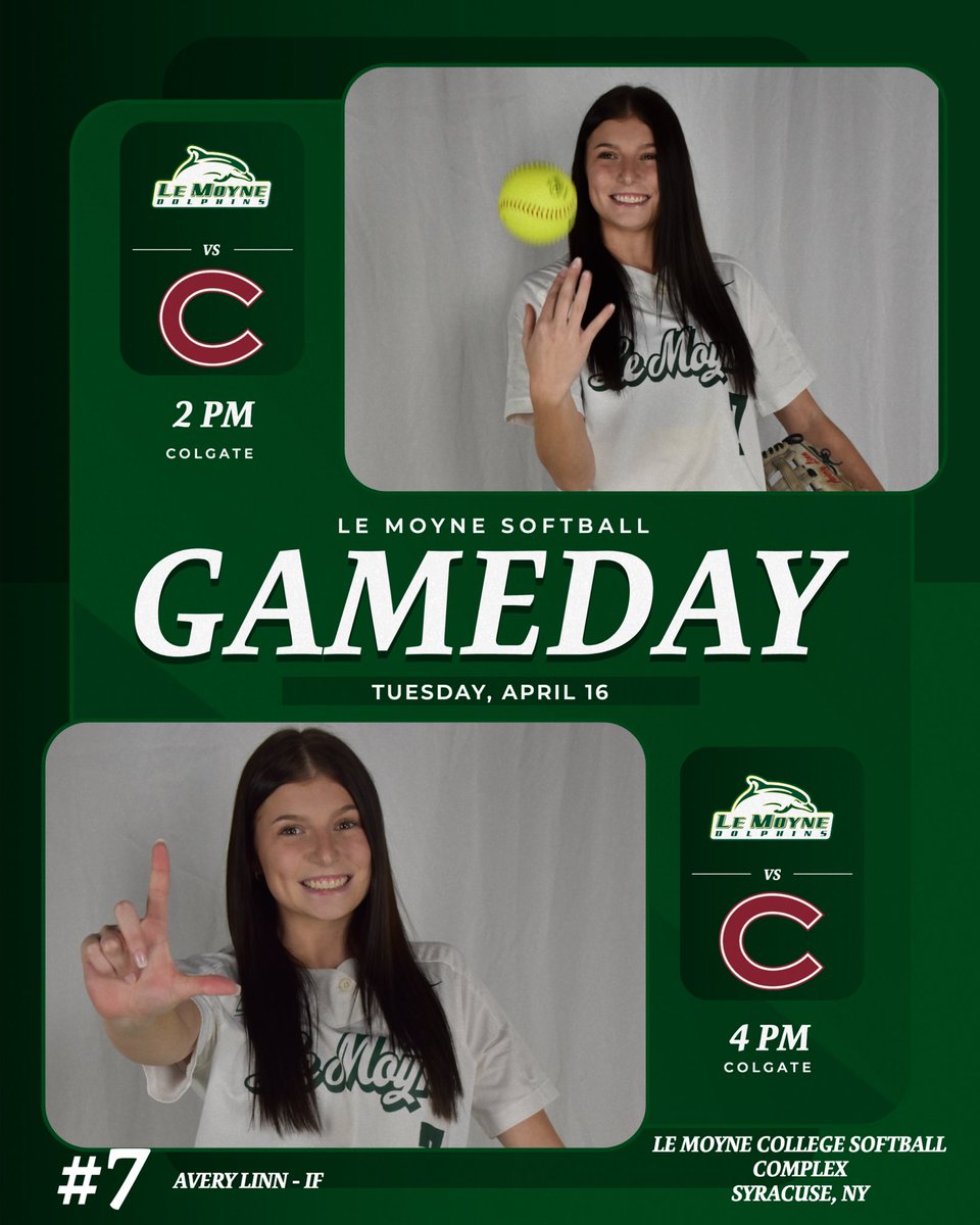 gotta love a tuesday doubleheader 🤩 🆚 Colgate University ⏰ 2 PM / 4 PM 🏟 Le Moyne Softball Complex 📍 Syracuse, NY 📊&📺 lemoynedolphins.com #PhinsUp 🐬