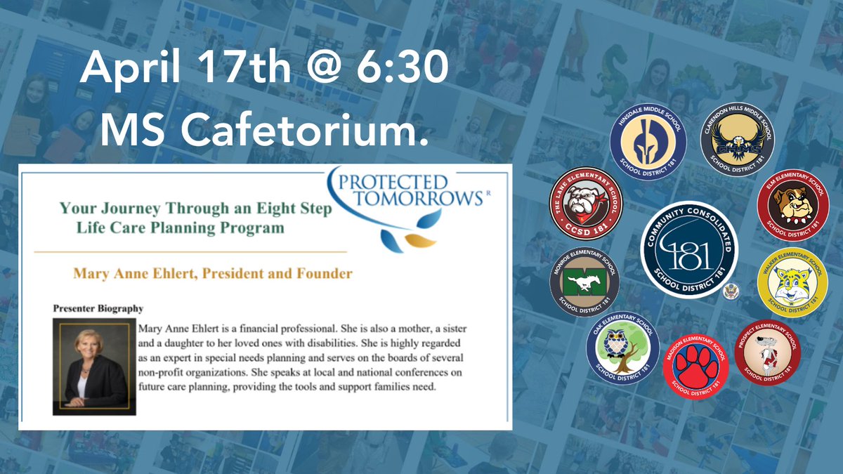 The Protected Tomorrows Workshop: Journey Through an 8-Step Special Needs Planning Program will be held on April 17th @ 6:30 in the HMS Cafetorium. Click here to register: shorturl.at/jpEM9