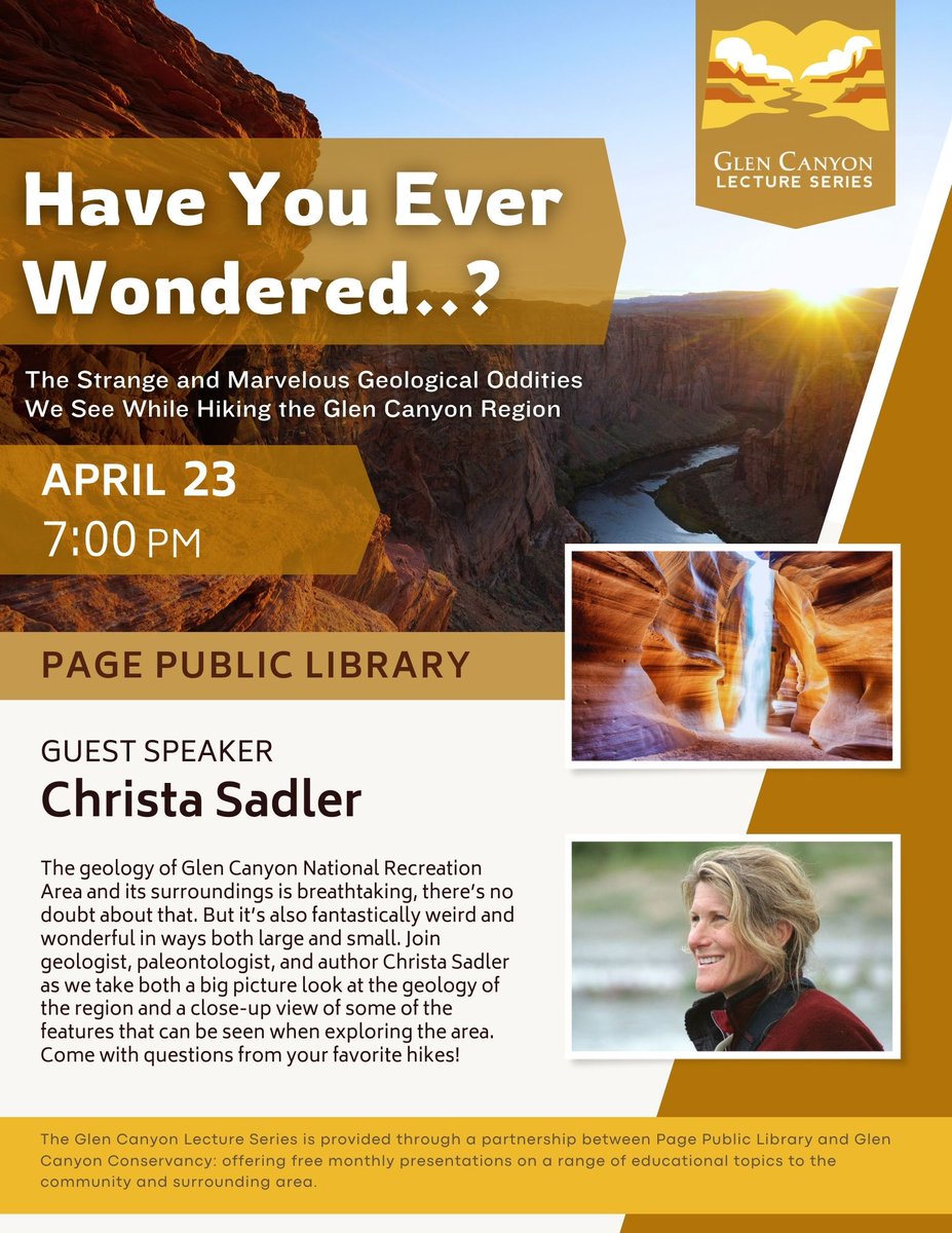 Christa Sadler will be discussing the geology of Glen Canyon region at the next Glen Canyon Lecture Series next Tuesday at Page Public Library. All are welcome to attend!
This free presentation is made possible by a partnership with Page Public Library and <a href="/ConservancyGC/">Glen Canyon Conservancy</a>.