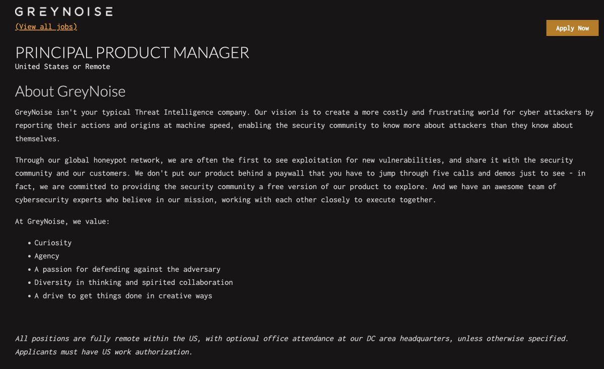 Andrew___Morris's tweet photo. We're hiring a Senior Product Manager at @GreyNoiseIO! This is a really cool opportunity. You'll be working with some of the most insane engineers and designers you've ever met, building and bringing to market the most insane tech you've ever seen. 

https://t.co/gkFmXV0qKB https://t.co/iV3YuMN1UM