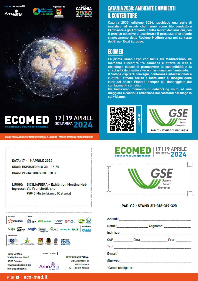 📢Dal 17 fino al 19/04 il #GSE sarà presente a #Ecomed2024-GREEN EXPO DEL MEDITERRANEO. Sarà possibile incontrare tecnici specializzati e partecipare a seminari sul Decreto #CACER 📅Prenota un appuntamento, registrati ai seminari e scarica il pass qui: tinyurl.com/ek5dndk3