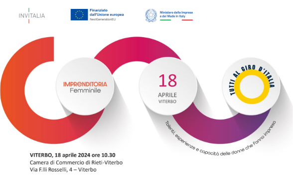 Giovedí 18 aprile il #GirodonnedImpresa fa tappa a Viterbo. Il #roadshow é promosso da #Unioncamere con i Comitati per l’#imprenditoriafemminile ed ora inserito nel “Piano Nazionale dell’Imprenditoria femminile del  @mimit_gov. shorturl.at/vGR56