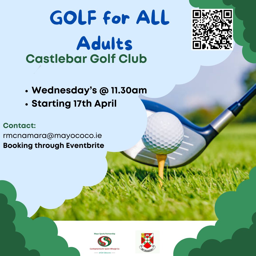 **Golf for All - Adults ** In partnership with @Castlebar Golf Club Join us for Adults Golf for All ⏲️Starting Wednesday April 17th @ 11.30am ✅For 6 weeks join in at any time 📍At Castlebar Golf Club Book 👉shorturl.at/jqP27 Contact : rmcnamara@mayococo.ie