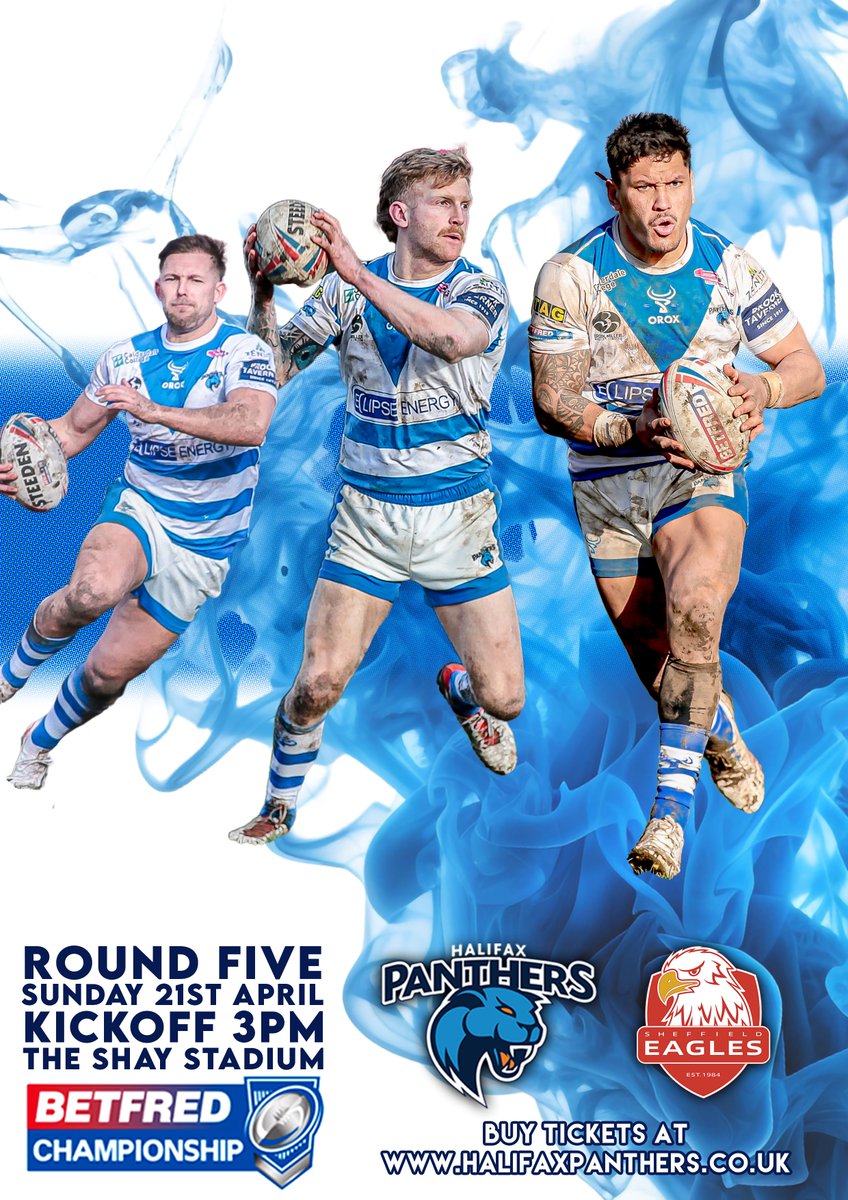 NEXT UP 🔵⚪️🐾 Discounted Advance Tickets for Sunday's Betfred Championship Battle with @SheffieldEagles at The Shay Stadium are on sale now! Buy online before Midnight on Saturday and save yourself £££ on normal matchday prices 🎟️ halifaxpanthers.co.uk/shop/tickets/ #BWO