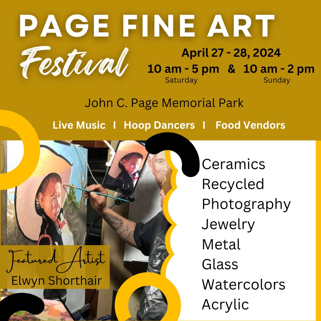 Please join us on April 27 &amp; 28 for the 3rd annual Page Fine Art Festival at John C. Page Memorial Park! Our featured artist is Elwyn Shorthair from the Navajo Nation. More information at events.cityofpage.org/page-fine-art-….