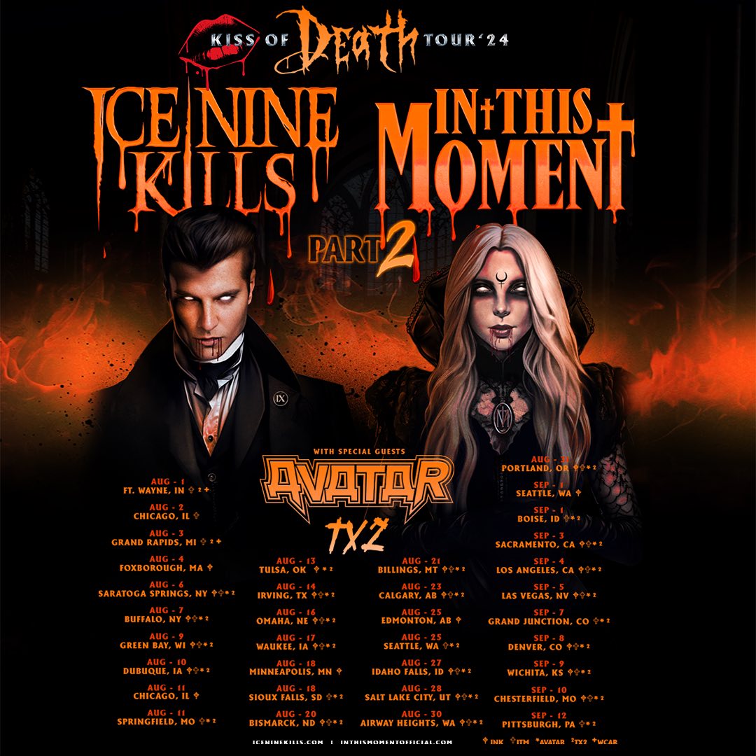 PSYCHOS: the body count continues with the ‘Kiss Of Death Tour’ Part 2…Join us & @OfficialITM, with special guests AVATAR & @tx2official...Get your tickets & RIP upgrades this Friday at 10am local time.💋🪦