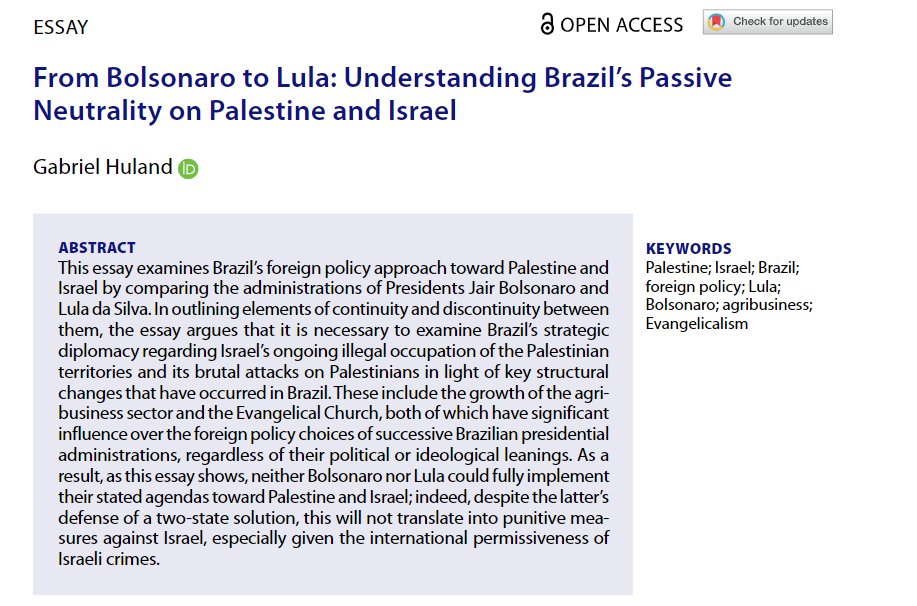 'From #Bolsonaro to #Lula: Understanding #Brazil's passive neutrality on #Palestine and #Israel' : new article by our own Dr Gabriel Huland @gabrielhuland Open access ➡️tandfonline.com/doi/full/10.10…