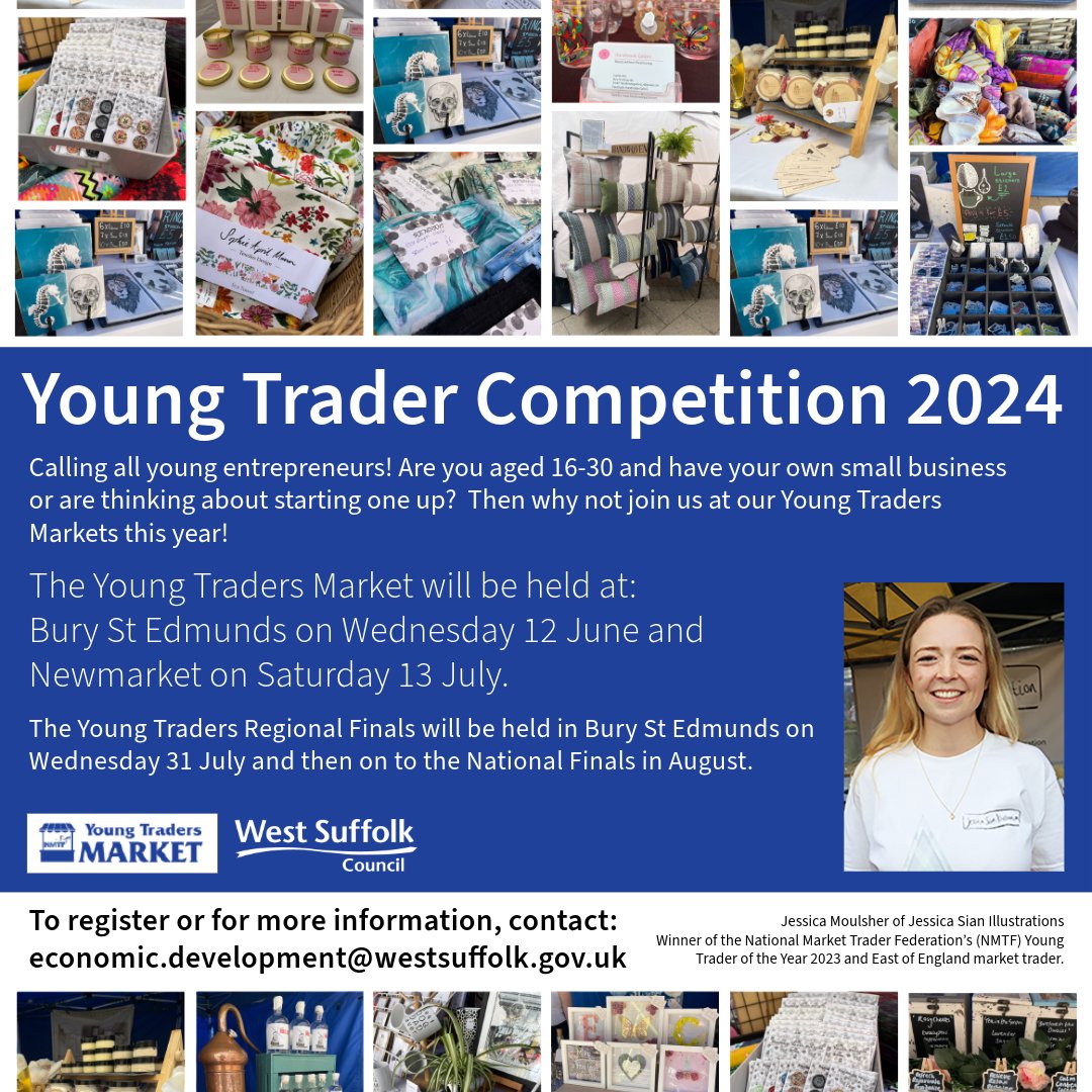 Inviting all young entrepreneurs to take part in the local heats for the 2024 Young Traders Markets in West Suffolk! Competition participants can attend the event for free and will be provided with free insurance as well as table and gazebo hire.
