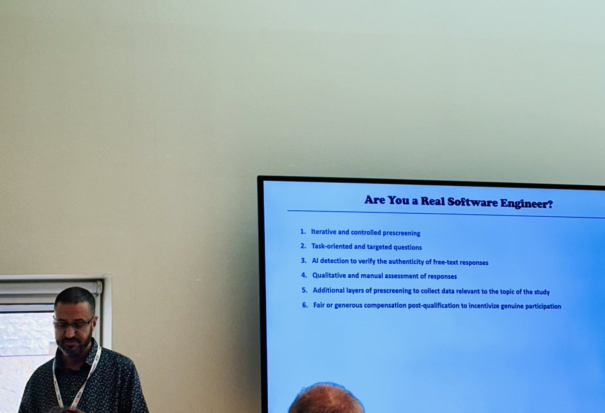 MansoorehZ's tweet photo. @AdamAlamiDK is now presenting our paper with @neilernst about experiences &amp; practices of hiring participants for #SE research on prolific at #WSESE2024 workshop @ICSEconf https://t.co/E4U1d96bQd