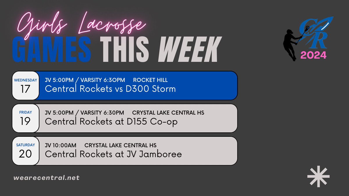 Your Central Rockets have a full week of lacrosse! Come out and watch both levels play against D300 and D155 co-ops this week! And then the JV team will be in a tournament this Saturday out at Crystal Lake Central HS. Let’s go Rockets! 🚀💙🥍