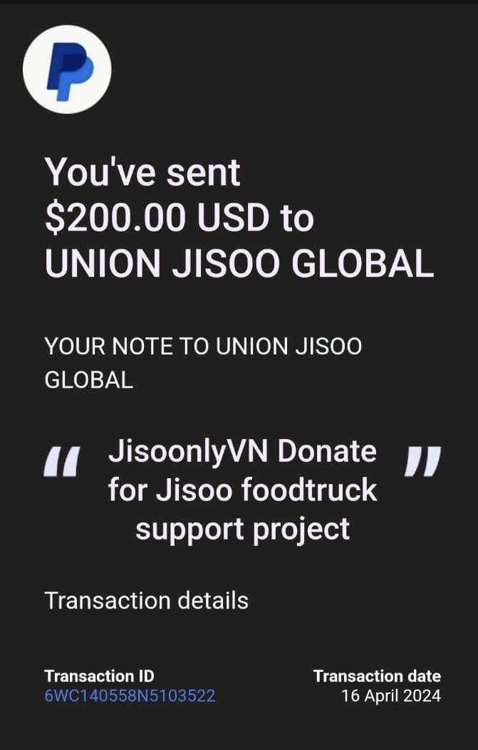 Through JisoonlyVN, Vietnamese Jisoo fans sent $200 to Jisoo Global Union's project to send coffee trucks to Jisoo. Thanks for everyone's support ❣️