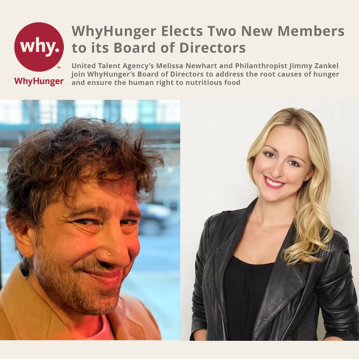 We are excited to welcome Melissa Newhart from UTA & Jimmy Zankel of the Zankel Scala Family Foundation to our Board of Directors! We value their shared passion for music & change to advance the right to nutritious food for all! Read our press release: bit.ly/4aVnEpd