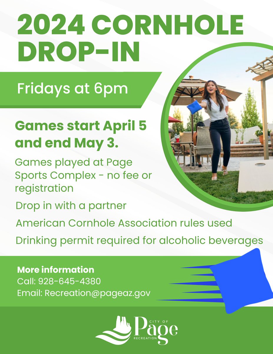 We have Cornhole Drop-In today at 6pm! Participation is free and open to the public.
Contact the Recreation Department for more information at 928-645-4380 / recreation@pageaz.gov.