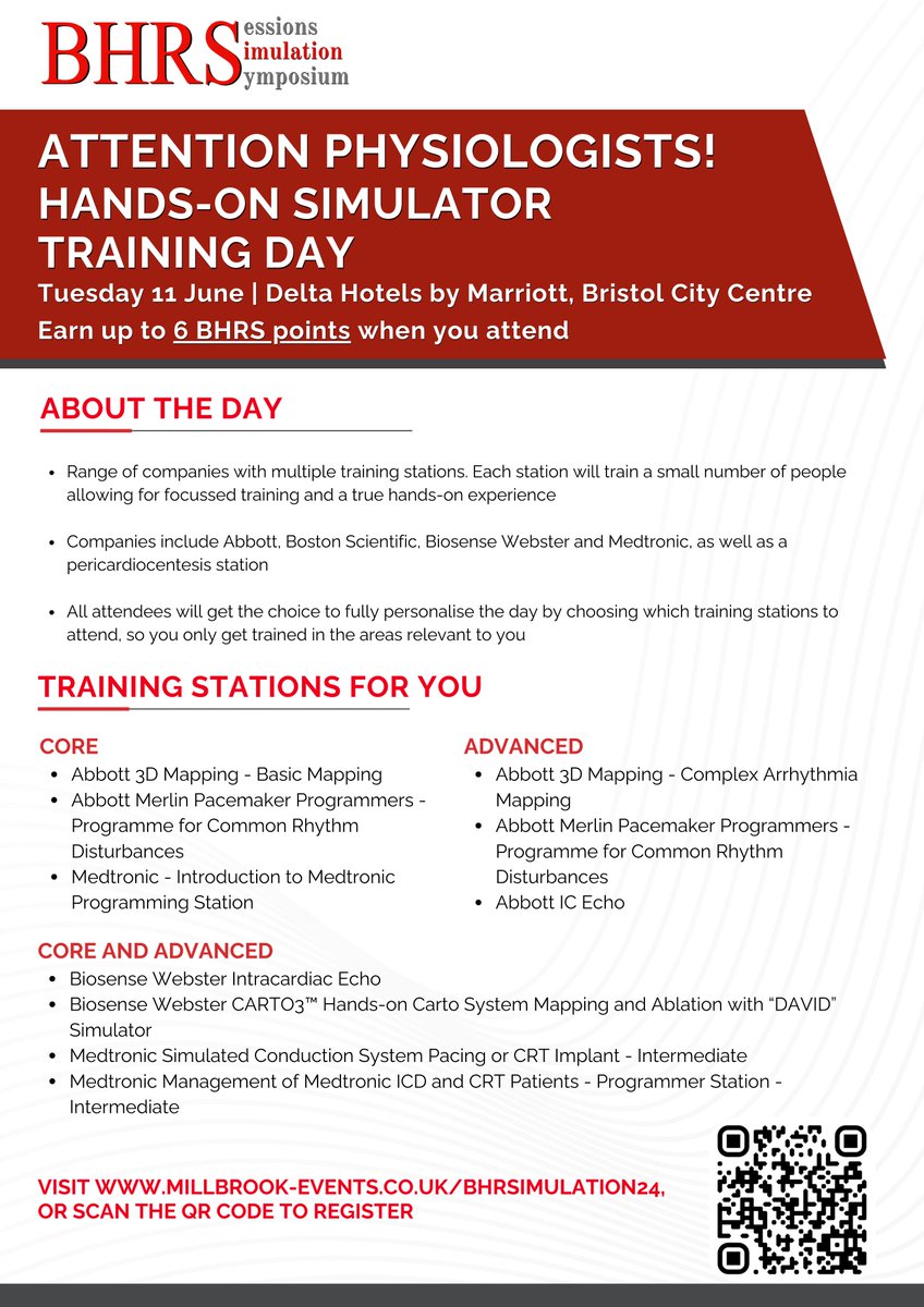 Calling all #physiologists!📣Here are some of the training stations that will soon be available for you to book through the @BHRSociety's Hands-on Simulator Training Day! 👇 ❤️@AbbottCardio 3D Mapping ❤️@BiosenseWebster Intracardiac Echo ❤️@Medtronic Simulated Conduction System