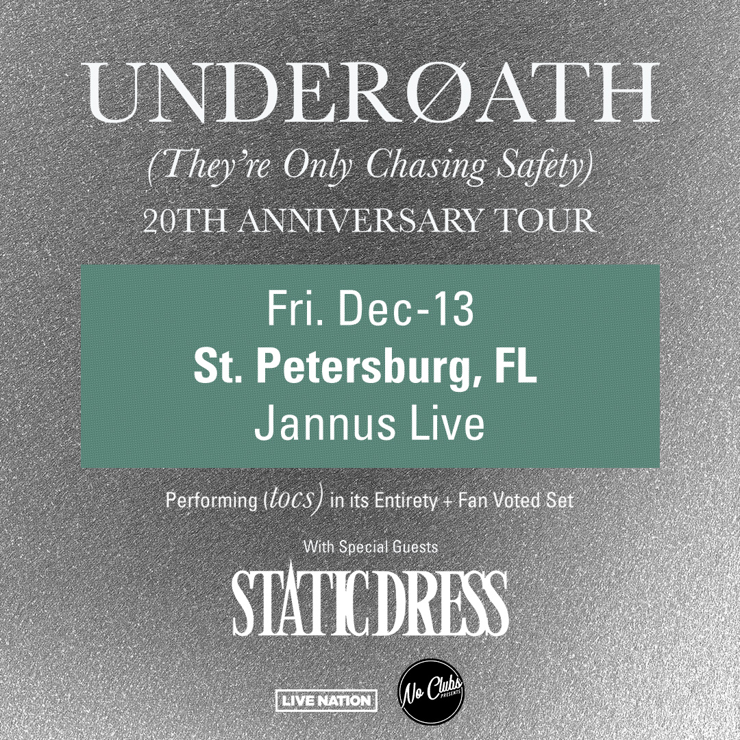 🚨 JUST ANNOUNCED 🚨 UNDEROATH 'THE'YRE ONLY CHASING SAFETY 20th ANNIVERSARY” TOUR at @JannusLive on Fri., December 13th. Tickets on sale on sale: Fri Apr 19 at 10am. 🎟️ Live Nation Presale: Wed., Apr 17th at 10am (PW: RIFF)