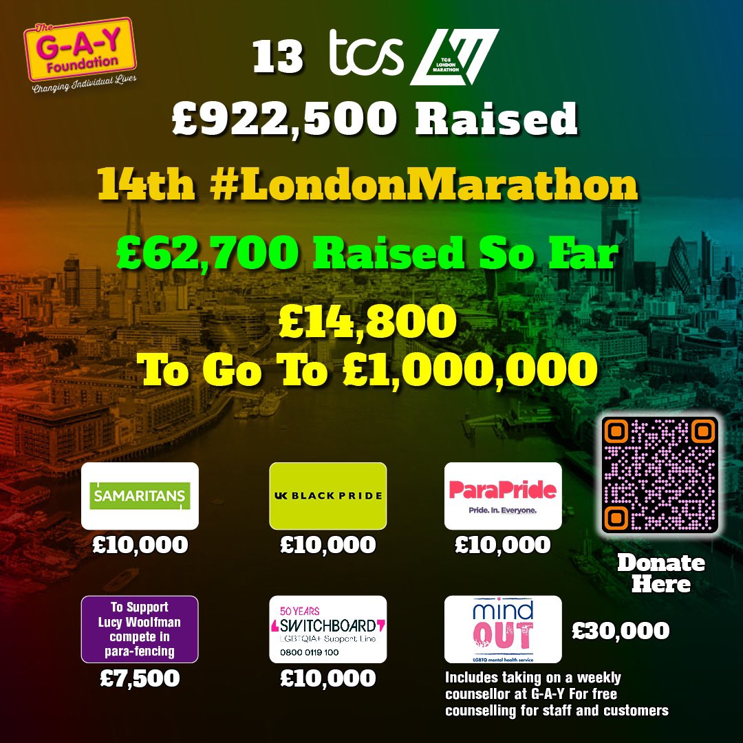 NEW TOTAL 
5 Days to @LondonMarathon 

13 #londonmarathon 
G-A-Y Raised - £922,500 
 
14th #londonmarathon2024 
£62,700 Raised 
£14,800 To £1,000,000 

Fundraising  
@samaritans 
@switchboardLGBT 
@ukblackpride 
@Parapride 
@MindOutLGBTQ 
PLEASE Sponsor at 2024tcslondonmarathon.enthuse.com/pf/jeremy-jose…
