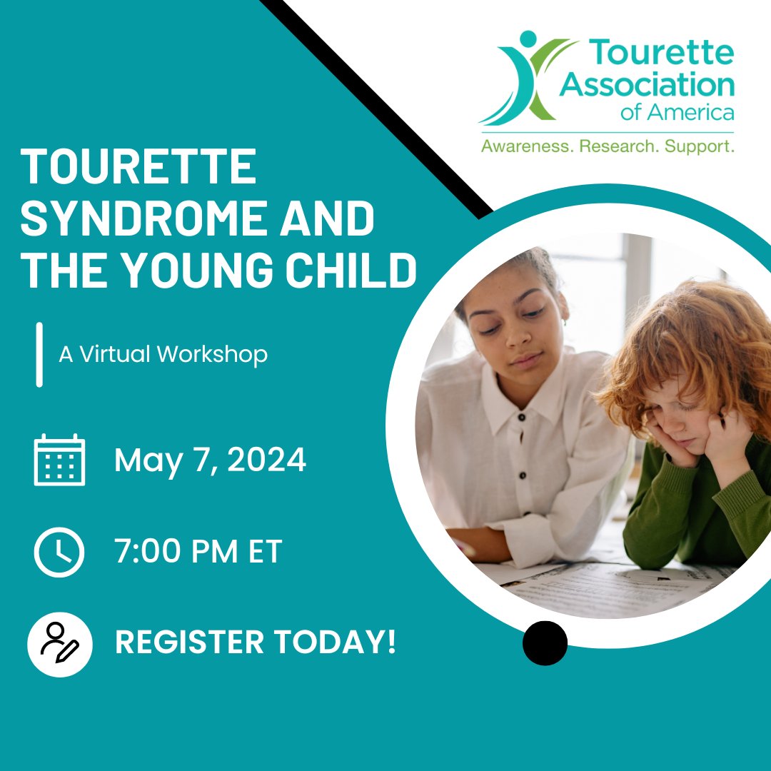 📣Join us on May 7 at 7pm ET for a virtual workshop focused on information surrounding children ages 3-8 years old with #TouretteSyndrome or another #TicDisorder. Learn about accommodations, early intervention, and more! 🔗Register now: bit.ly/3xNJjRO #Tics