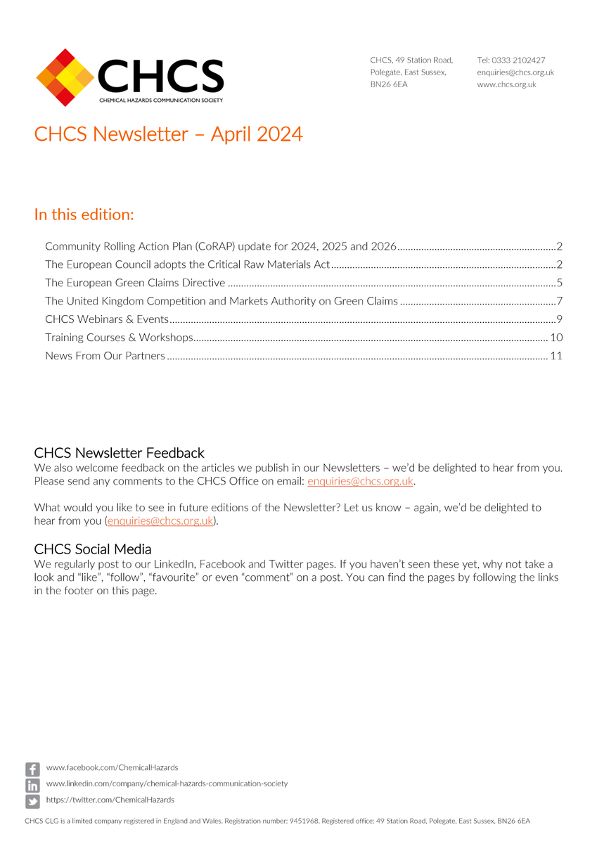 The Chemical Hazards Communication Society - CHCS, have now published their April 2024 Newsletter.

See full contents at:  chcs.org.uk/newsletters. 

#chemicals #greenclaimsdirective #greenclaims #chemicalhazards #chcs