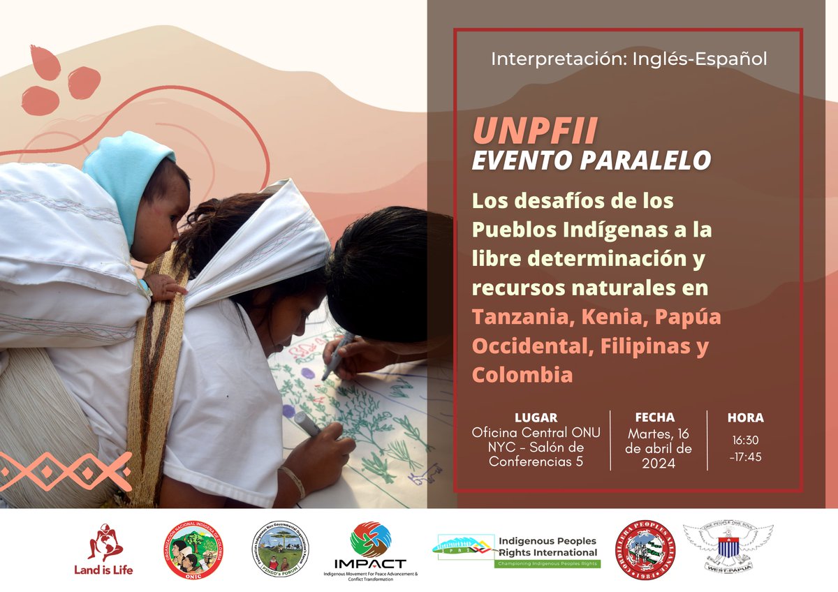 landislife's tweet photo. FORO PERMANENTE DE LAS NACIONES UNIDAS PARA CUESTIONES INDÍGENAS UNPFII2024
HOY martes 16 16.30
LAND IS LIFE Evento Paralelo,
#UNPFII2024 #WeAreIndigenous #Proud2BIndigenous #SomosIndígenas
@UN4Indigenous @jemimah_mk @Brian_J_Keane @Lcastanedaq #IPRightsIntl @ONIC_Colombia
@DMejia20 @aidesep_org @CONAIE_Ecuador
@coicaorg @LizFordGuardian @AJEnglish
@BBCWorld @confeniae1
