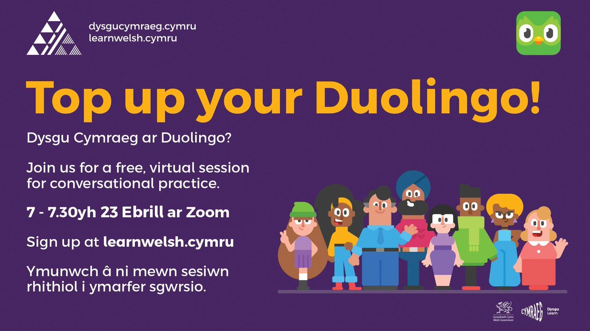 Dysgu #Cymraeg ar #Duolingo? Join us for a free, virtual session for conversational practise – dewch i ymarfer eich Cymraeg. 7-7.30yh 23 Ebrill ar Zoom. Cofrestru isod / Register below: buff.ly/43CHvHd #dysgucymraeg #learnwelsh #aydysgwyr