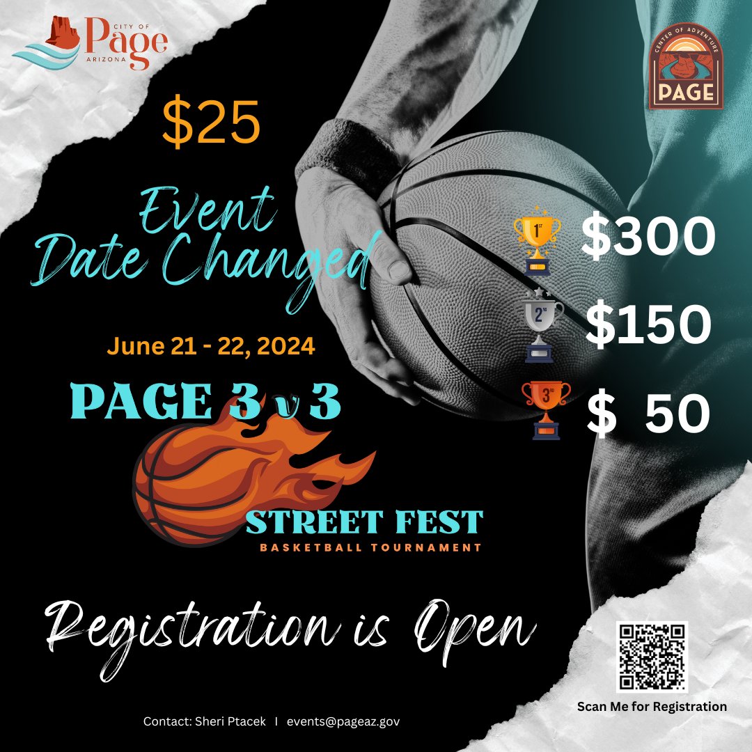 The Page 3v3 Street Fest Basketball Tournament has been rescheduled to June 21 &amp; 22. Registration is $25 per team. More information and register at events.cityofpage.org/page-3v3-stree…