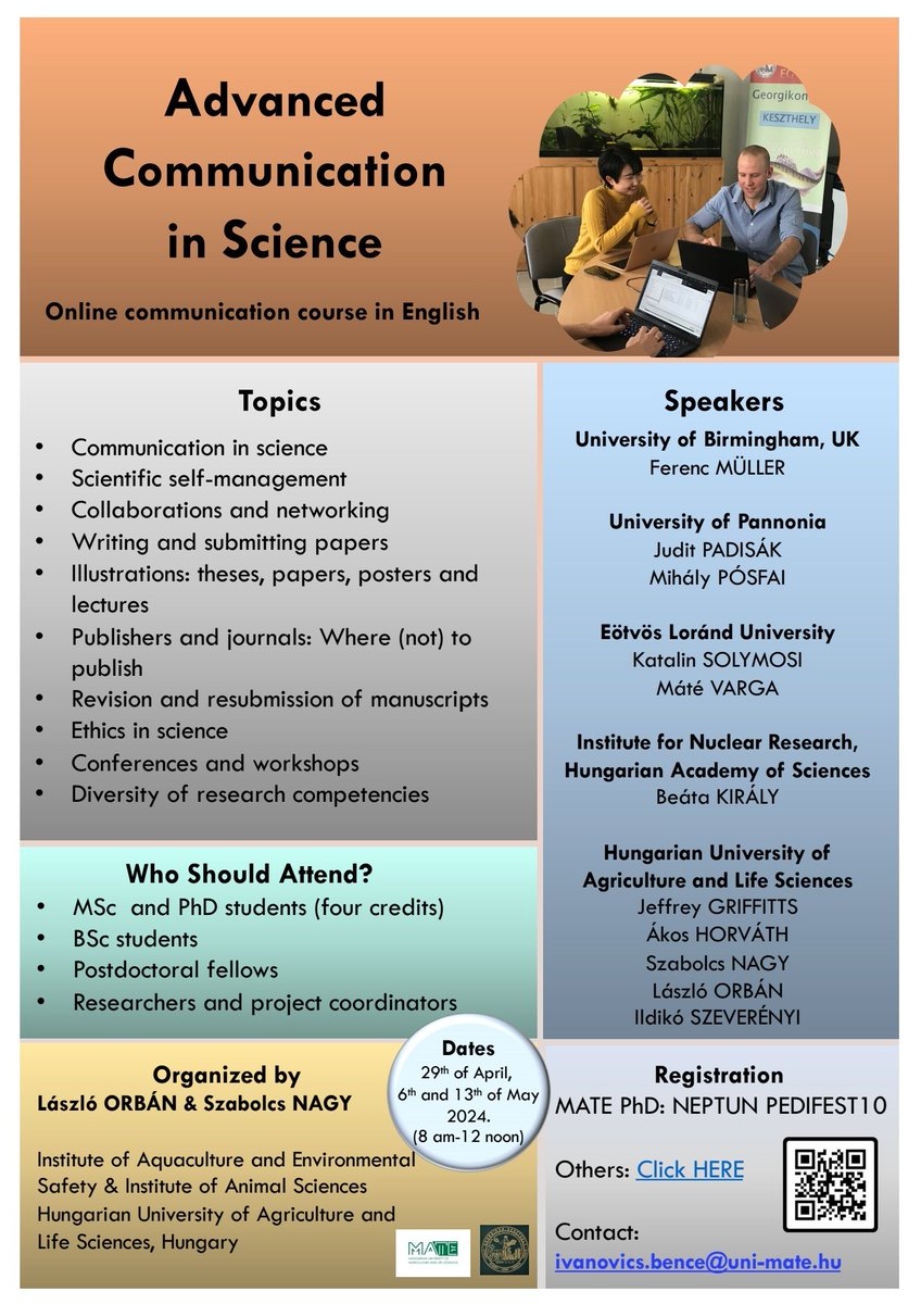 EZS_YoRC's tweet image. 📢Science Communication Course Alert!!! 📢
Register now for a free,online, and super-exciting course, organized by @laszlorban57 and Szabolc Nagy.
Learn everything you need to know about #ScienceCommunication and beyond!!!
Register here:aquaculture.uni-mate.hu/en/advanced-co…
#YoRC @eu_fish