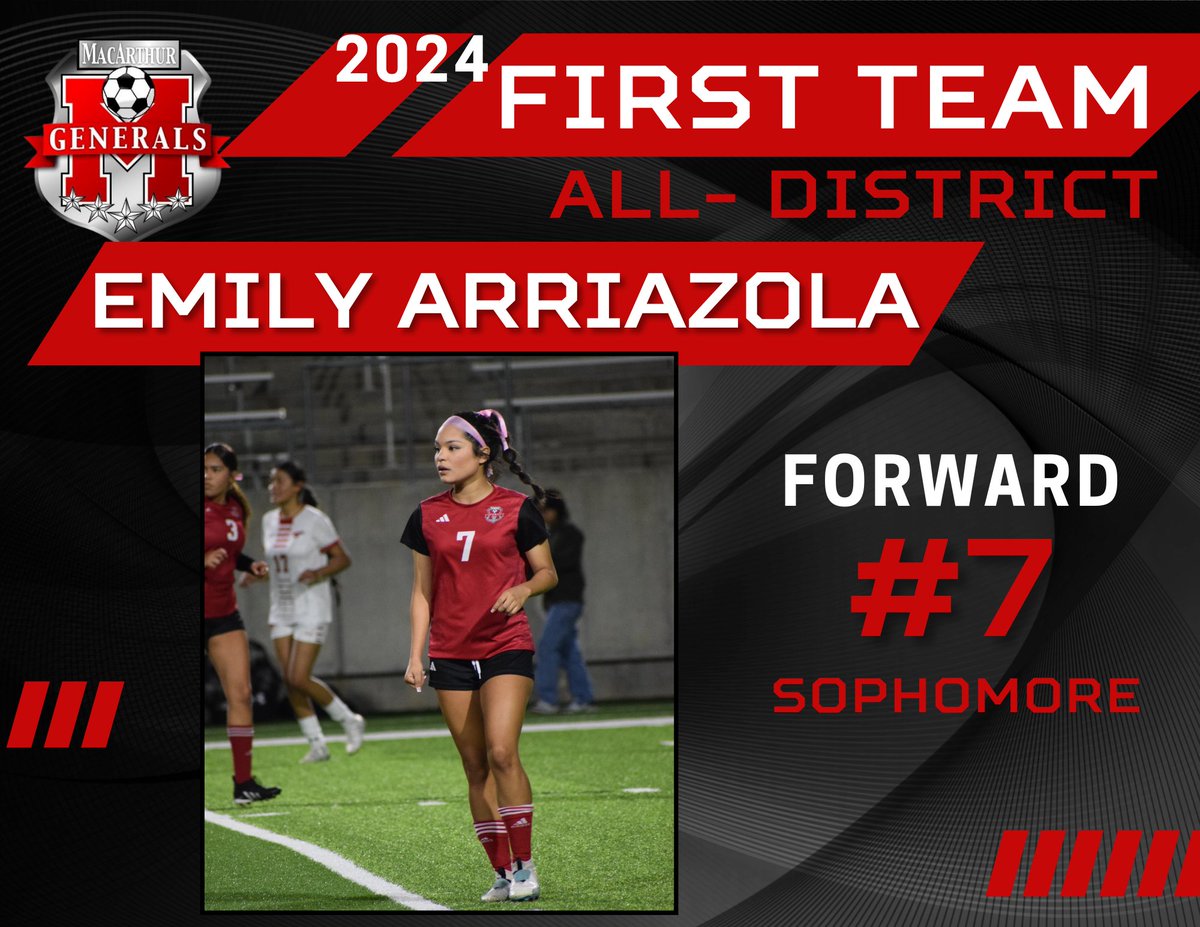 Congratulations 🎉 to sophomore Emily Arriazola for being named First Team All-District. ⚽️ Her agility, speed, and goal-scoring abilities are what made our attack strong. @MacArthur_AISD @MacGenAthletics @Athletics_AISD #MPND