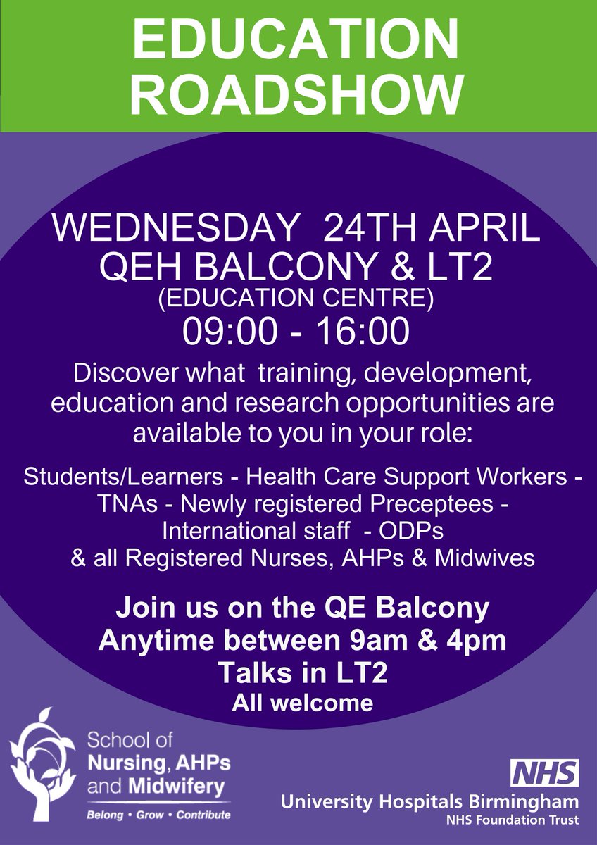 Don't miss this!!! Our very first School Roadshow is taking place next week. Come along to meet the education teams & see what development & education is available to you in your role @uhbtrust @UHBPreceptee @uhbtherapies @UHBEducation @UHBCriticalCare @UHBLibrary @RuthPearce18