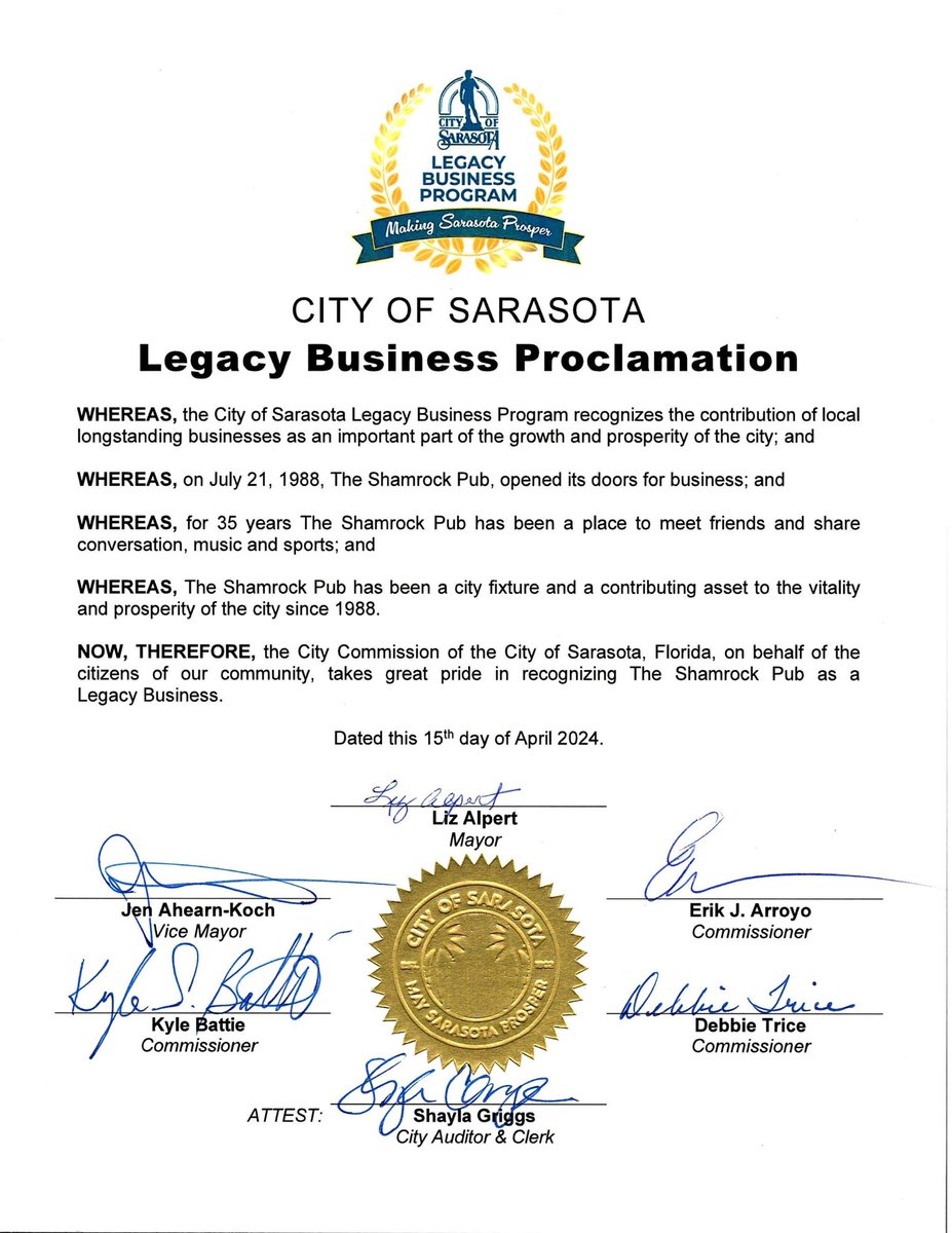 The Shamrock Pub has been a great place to enjoy sports and spend time with friends since 1988. The City Commission is proud to recognize The Shamrock Pub as a Legacy Business! Learn more: …ess-inclusion-sarasota.hub.arcgis.com