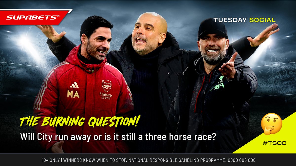 Supabets_mzansi's tweet photo. ⚽Is the title race over with City in front🧐
Let's hear your thoughts now😎
❤️ & retweet 👊
#TSOC #TheBurningQuestion #supacrew #Supabets https://t.co/YKkfgjL9f7