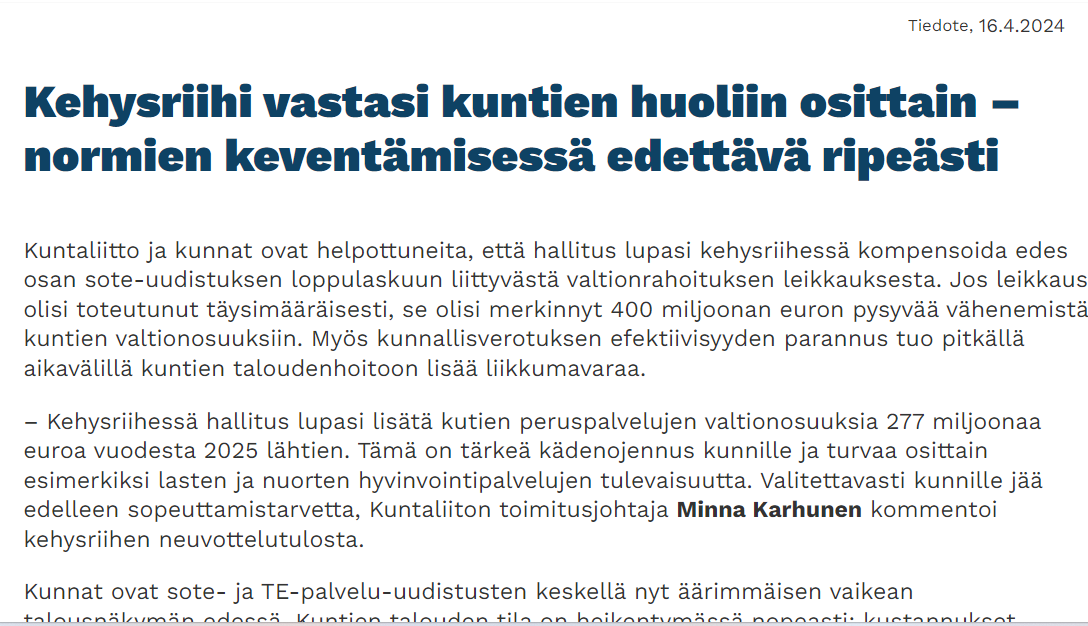 MinnaPunakallio's tweet image. Helpotus.

Vaikka haasteita riittää ja positiiviset #kunta-vaikutuslaskelmat ovat varmasti "vähän pehmoisia" niin aikana, jolloin #kuntatalous pysyy miljardien eurojen säästökokonaisuudessa edes suurinpiirtein tasapainossa, on suuri saavutus🙂 

Lue
👇
kuntaliitto.fi/tiedotteet/202…