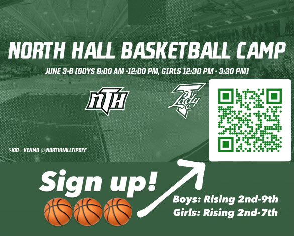 SIGN UPS ARE OPEN FOR NORTH HALL BASKETBALL CAMP! 💚🏀 JUNE 3-6 Boys 9am-12pm Girls 12:30-3:30pm @NTH_Athletics @NTHbasketball @JD_NHBBALL @AnnaClaireAtha