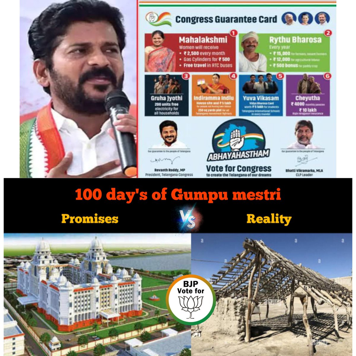 Congress government of Telangana failed to implement their 6 guarantee in 100 day's.. compare What they promised in 100 days implementation of guarantees the reality of their implementation of guarantees.. #VoteForBJP @INCTelangana @BJP4Telangana @BRSparty