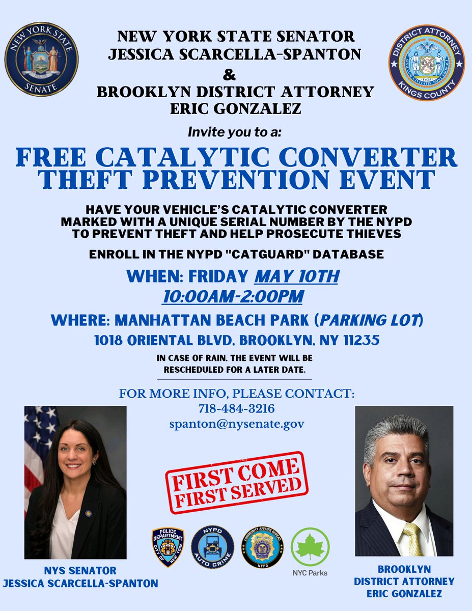 Back by popular demand! Join us, @BrooklynDA, and our partners at @NYPDnews for a FREE catalytic converter etching event. Help keep your property safe from this major public safety crisis! May 10th, starting at 10AM at the Manhattan Beach Park lot. First come, first served!