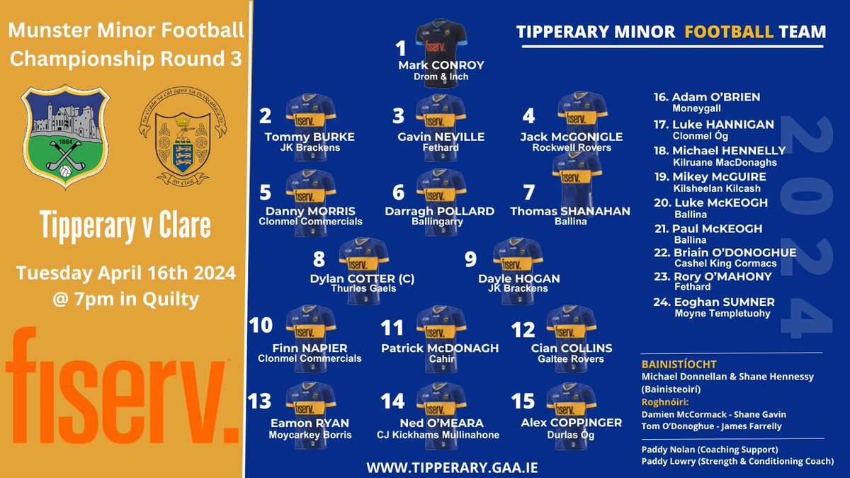 Best of luck to 🏁 Michael Hennelly, Cillian Healy & the 🇺🇦 Tipperary minor football team against Clare this evening.