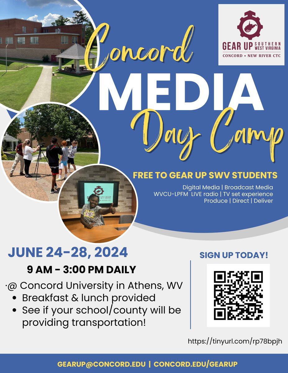 LIGHTS, CAMERA, ACTION at Concord University! Sign up now for Concord Media Day Camp while spots last! Scan the QR code or click this link to apply: apps.concord.edu/forms/view.php… . #GEARUPSWV #GEARUPworks