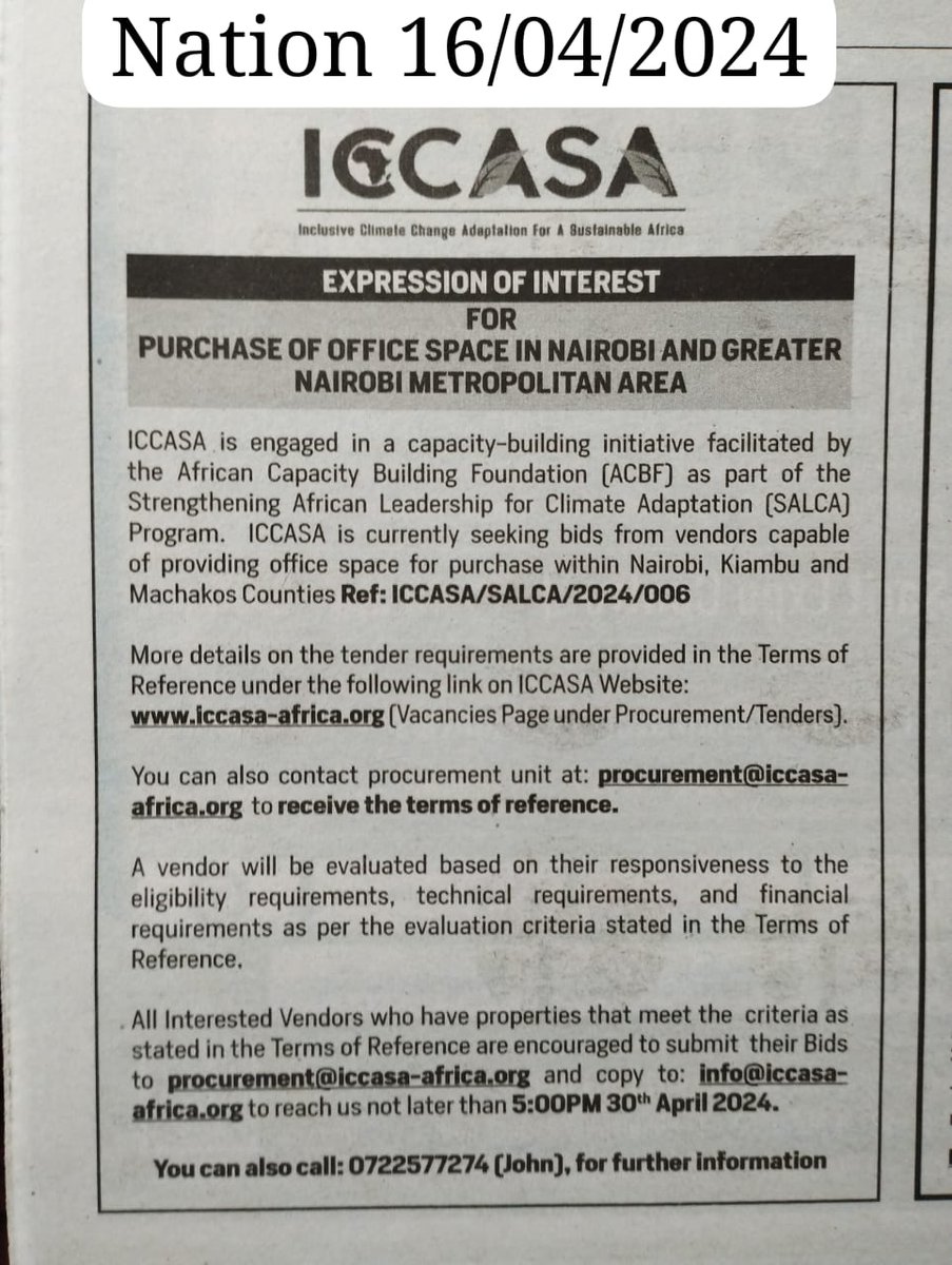 🛑 📢 We are looking for bids for purchase of an office space. Here is the Link with the Terms of Reference. iccasa-africa.org/procurement-te…