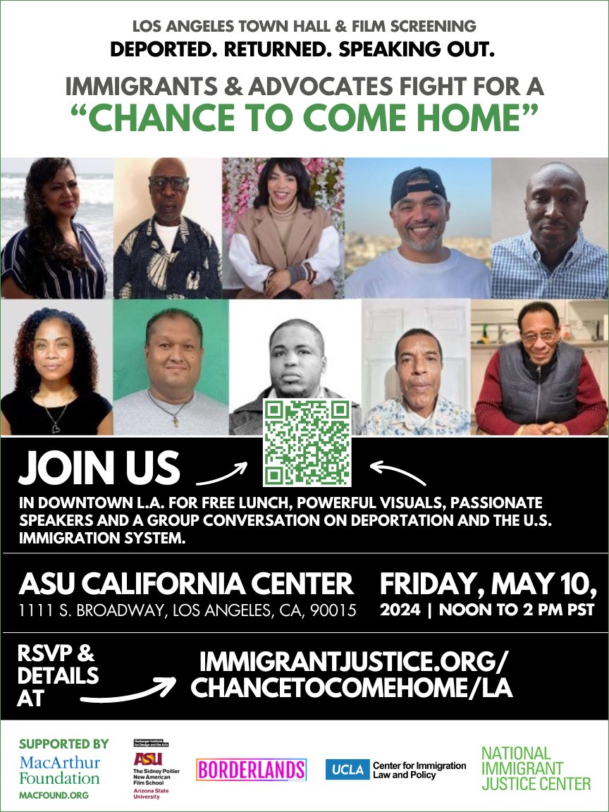Deported U.S. veteran Howard Bailey, filmmaker @Alex_Rivera, immigration law expert @ahilan_toolong & 🔥 sister of deported advocate Tina Hamdi in this POWERFUL Town Hall event live from L.A. as we discuss reclaiming the narrative on immigration @UCLA_CILP @NIJC #ChancetoComeHome