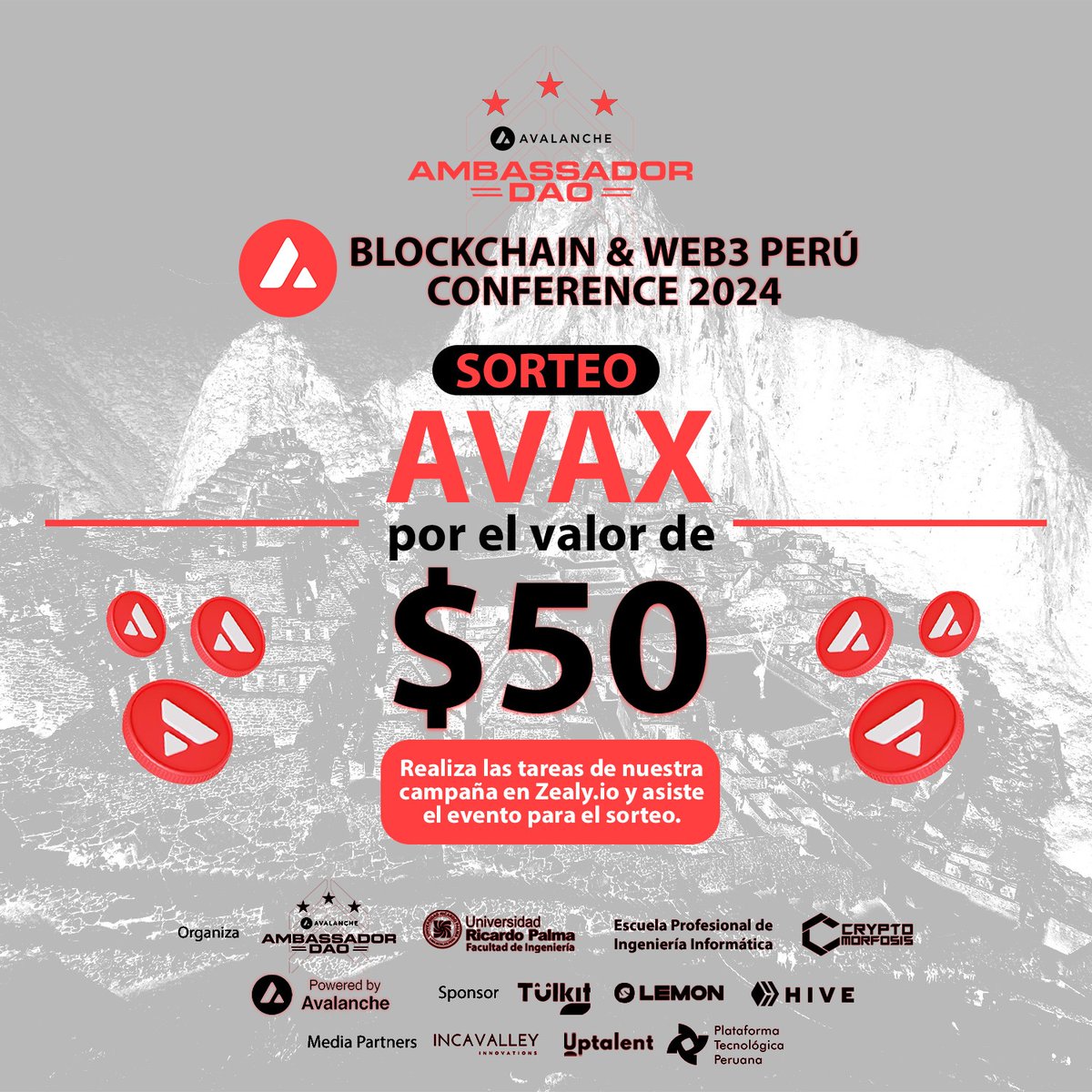 erickortizserk's tweet image. Perú es Avalanche!!!  
Reserva tu calendario Sábado 20 de Abril 🔥Únete a la Blockchain &amp;amp; Web 3.0 Perú Conference 2024!!!  Organizan:
@urpalma
@CryptomorfosisX
@AvaxDAO_
Sponsors
@TulkitPay
@lemonapp_ar
@avax
Formulario de Registro 📷lu.ma/rg4q43gi