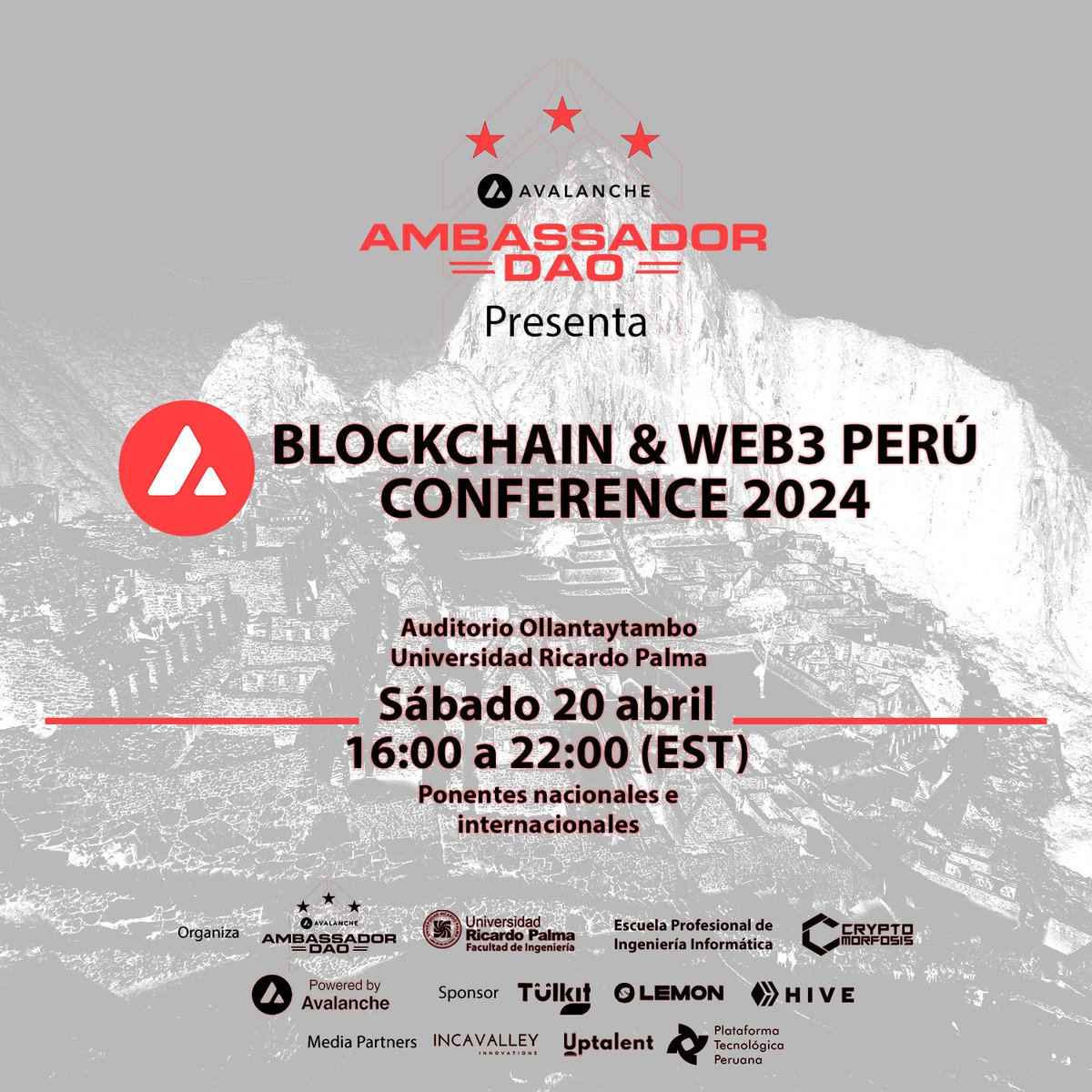 erickortizserk's tweet image. Perú es Avalanche!!!  
Reserva tu calendario Sábado 20 de Abril 🔥Únete a la Blockchain &amp;amp; Web 3.0 Perú Conference 2024!!!  Organizan:
@urpalma
@CryptomorfosisX
@AvaxDAO_
Sponsors
@TulkitPay
@lemonapp_ar
@avax
Formulario de Registro 📷lu.ma/rg4q43gi