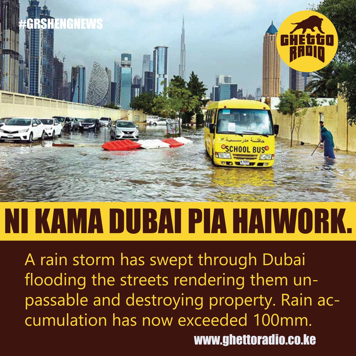 GhettoRadio895's tweet photo. Ni Kama Dubai Pia Haiwork!

A rain storm swept through Dubai, flooding the streets, rendering them unpassable and destroying property. Rain accumulation had now exceeded 100mm.
#GRShengNews
#Goteana https://t.co/mE1c8jxJbH