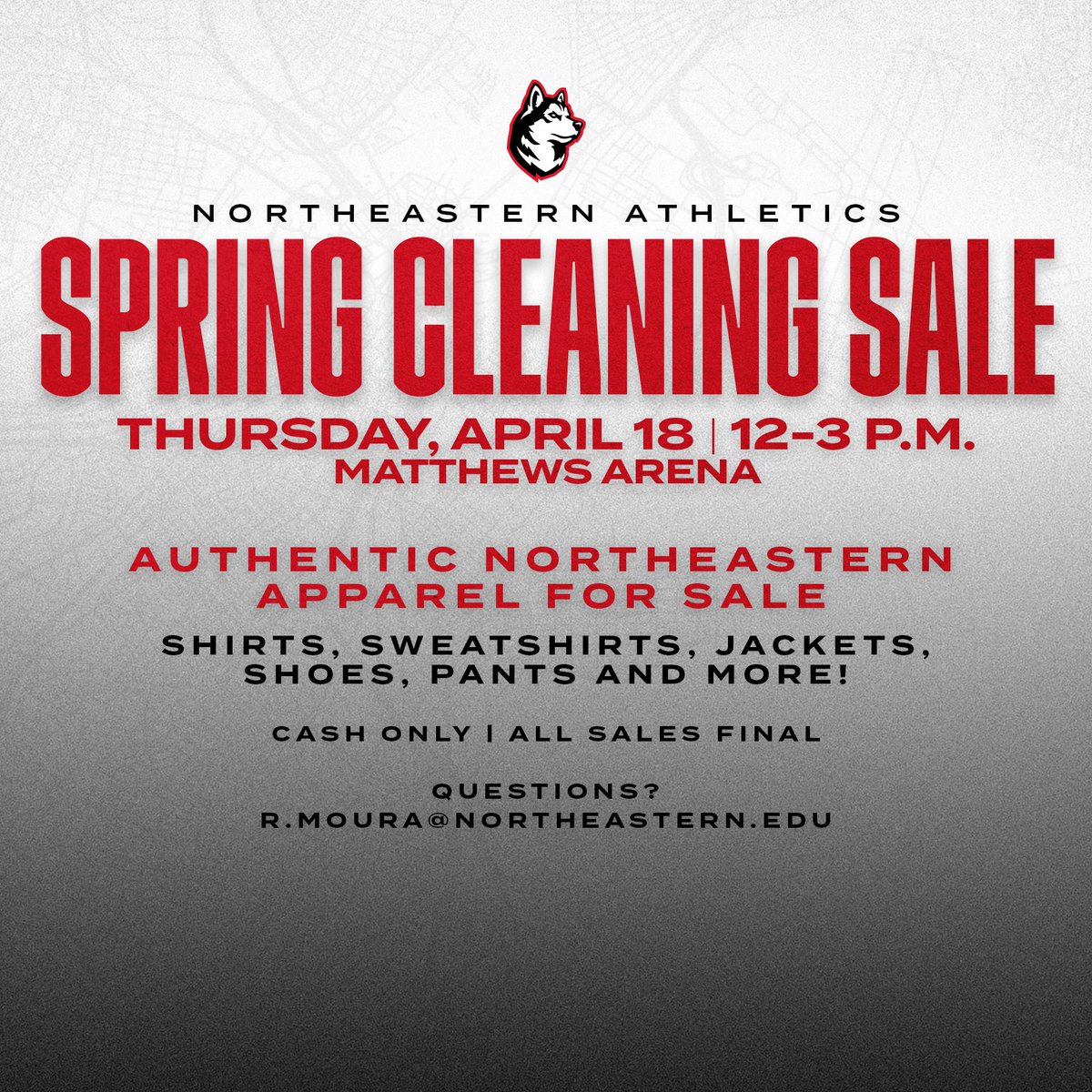 Come stock up on all your favorite Husky gear, this Thursday, April 18!  Please use the Matthews Arena Student Entrance near Gainsborough Garage – while supplies last!