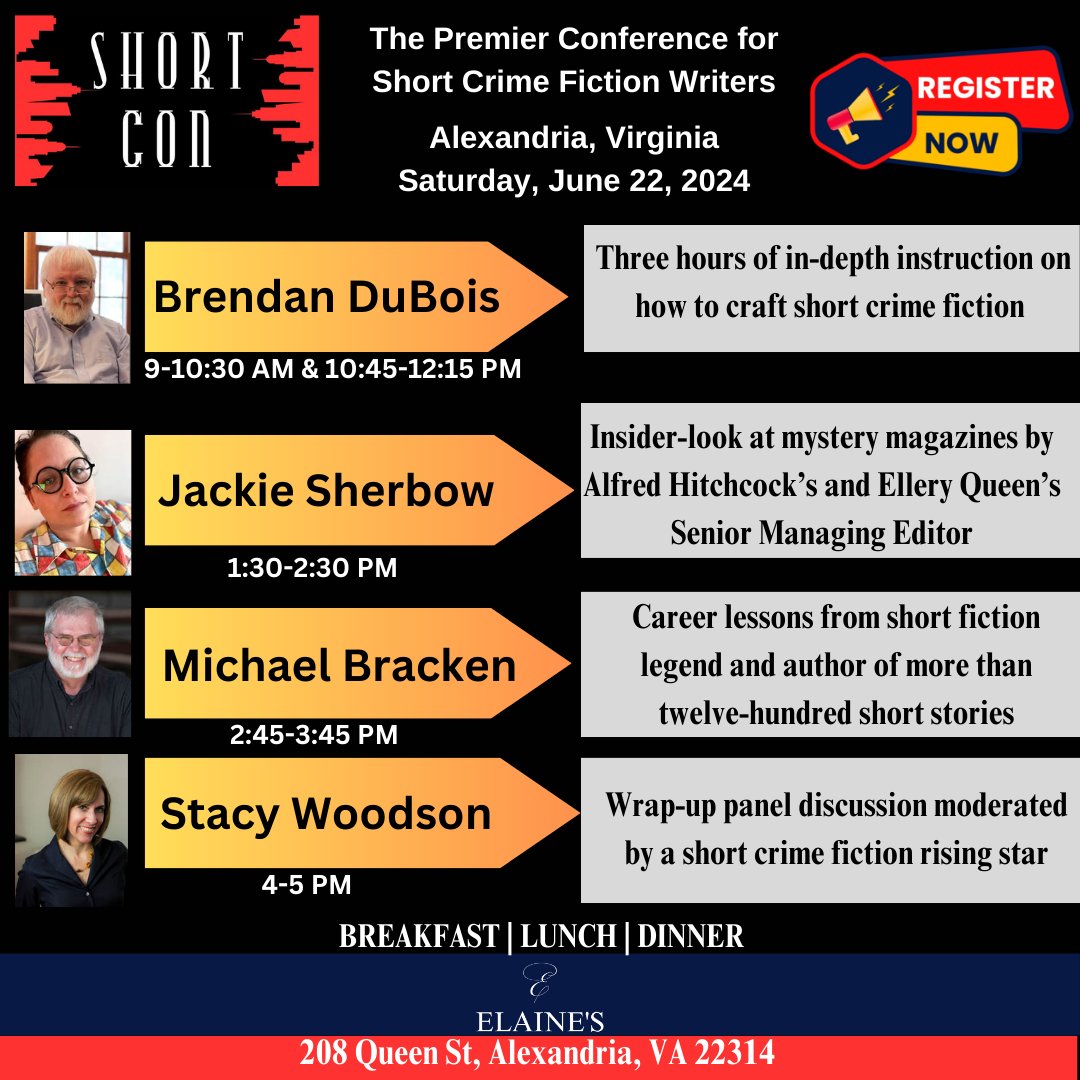 #register #WritingCommunity #shortstory Brendan DuBois, Jackie Sherbow @CrimeFicWriter Stacy Woodson @ahitchcockmm @eqmm Info> eastcoastcrime.com/register.html#/ | @JeffreyJHiggins @SinC_Heart @thrillerwriters @SMFSocy #conference in #JUNE