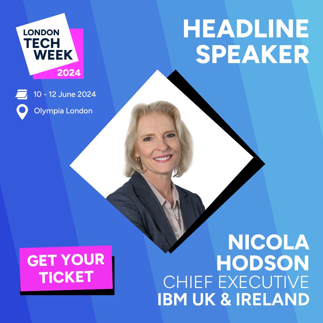LDNTechWeek's tweet photo. We're delighted to announce @nic_hodson, CEO of @IBMUKI as a #LondonTechWeek Headline Speaker 🎉

As one of the most influential leaders in UK tech, she'll be sharing her vision of the power of AI to transform business.

🎟️ Get your ticket here -> https://t.co/G4fNM0dbOu https://t.co/O2rKOjP5Nw