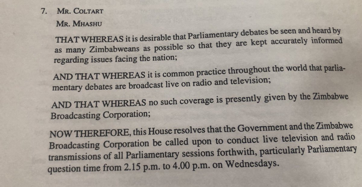 Did you know that in August 2000 @DavidColtart and Fidelis Mhashu moved a motion that every Wednesday from 2pm to 4pm @ZBCZW must broadcast the proceedings of @ParliamentZim . That motion was passed and remains effective up to today. @OpenParlyZw @zimlive @Mathuthu