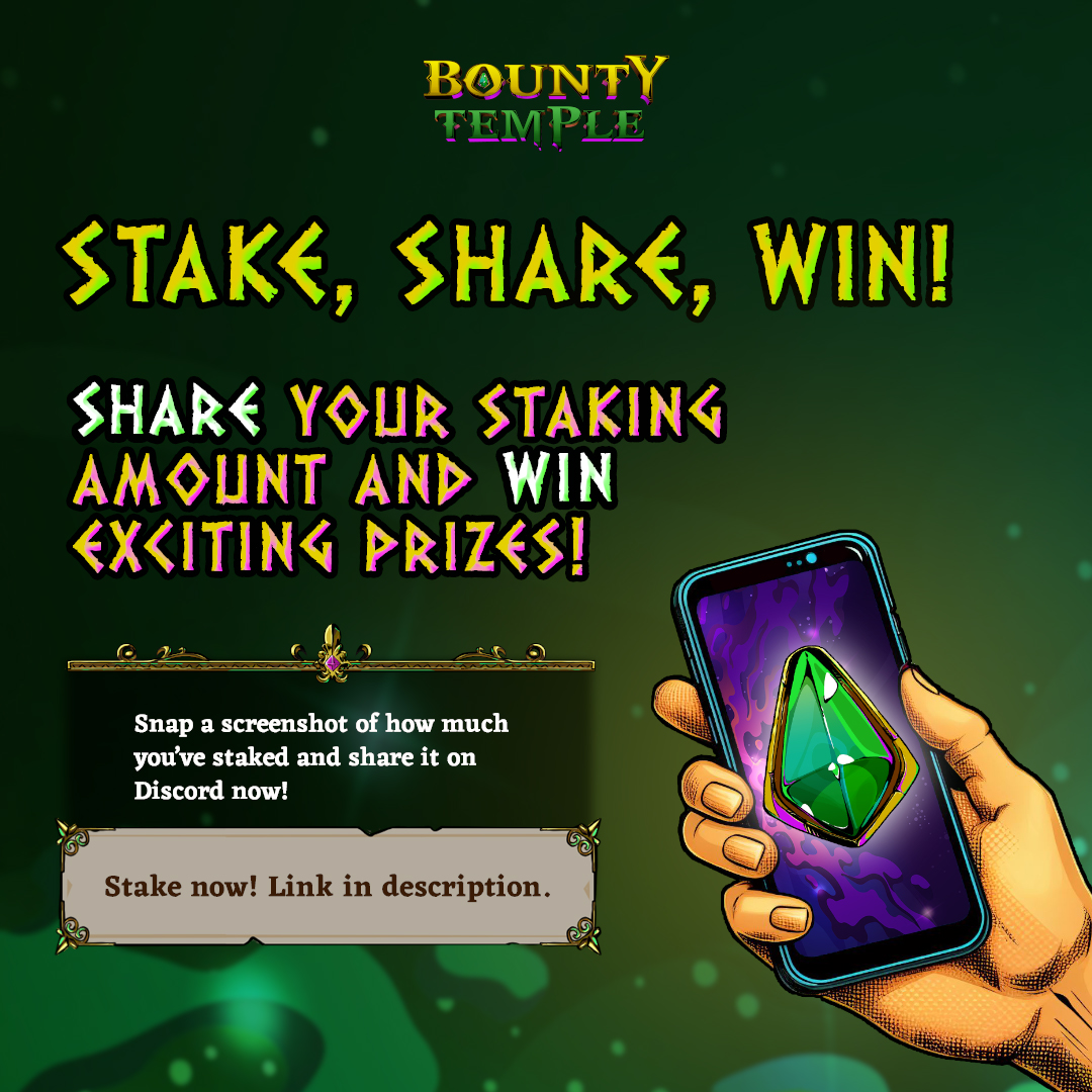 BountyTemple's tweet photo. 🚀 Exciting News! Join our "Stake, Share and Win" campaign 🌟
1️⃣ Stake a minimum of 300 $TYT at https://t.co/G4CWUNJ5ek
2️⃣ Take a screenshot
3️⃣ Share it in our Discord #stake2win channel
Campaign ends: 1st May 2024
20 lucky winners will be chosen to win EXCLUSIVE prizes!💪
🟣 Join our Discord: https://t.co/YO3SieHvUT
#BountyTemple #P2EE #GameFi #TYT
