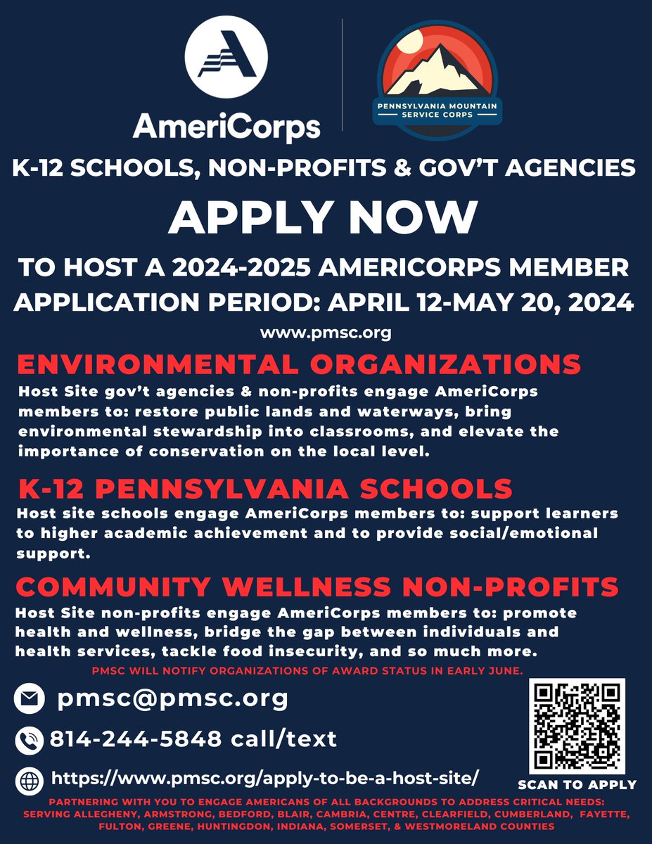 NOW is the time to address issues across our region in environment, wellness, and K-12 education. APPLY NOW to host a 2024-2025 AmeriCorps member. Full and part-time options available. pmsc.org/apply-to-be-a-… #gettingthingsdone #UnitedWeServe #ChooseAmeriCorps
