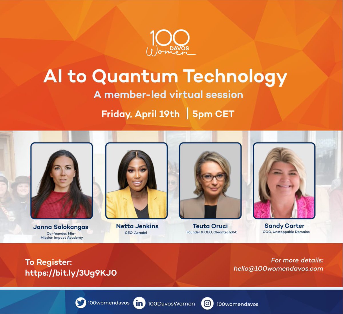 Join us for a 1-hr member-led virtual session “AI to Quantum Technology” on Friday 19th, 5pm CET

We have amazing members of our community leading and guests too.
>>>bit.ly/3Ug9KJ0

#AI #QuantumTechnology #WomenInTech #Technology