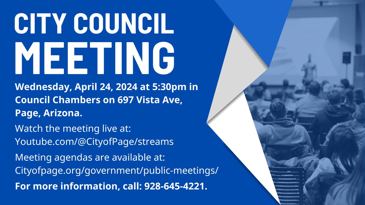 There will be a City Council Meeting today in Council Chambers at 5:30pm. This meeting is free and open to the public.
Watch the meeting live at youtube.com/@CityofPage/st…
More information at cityofpage.org/government/pub…
For questions, call 928-645-4221.